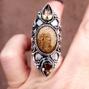 New Bronzite and Smoky Topaz 925 Silver Statement Ring.